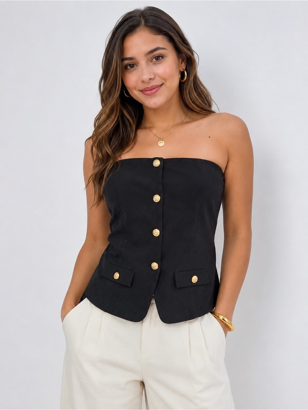 Strapless Button-Front Black Crop Top